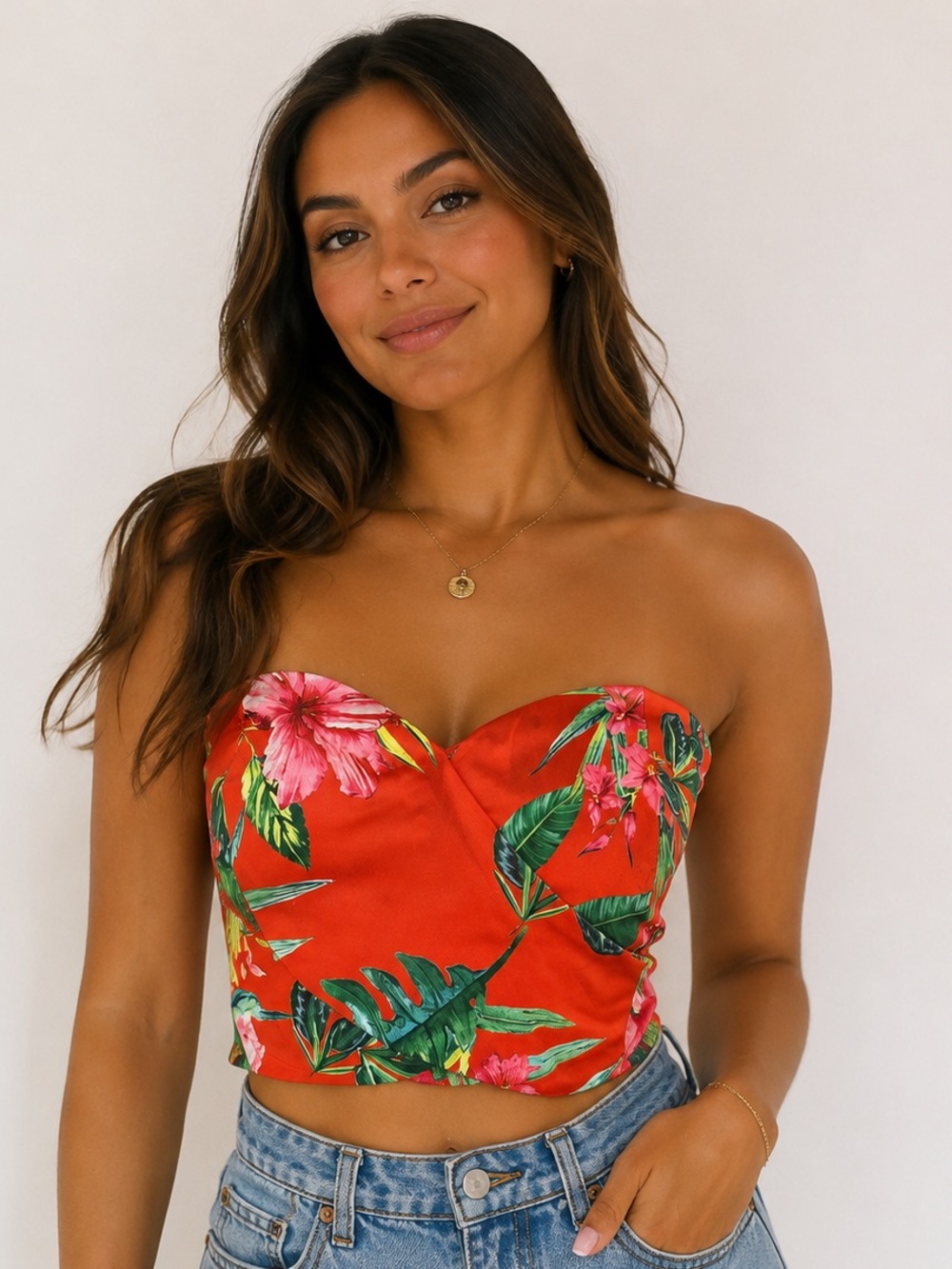 Chicways Womens S Orange/Green/Pink Tropical Floral Smocked Cropped Tube Top
